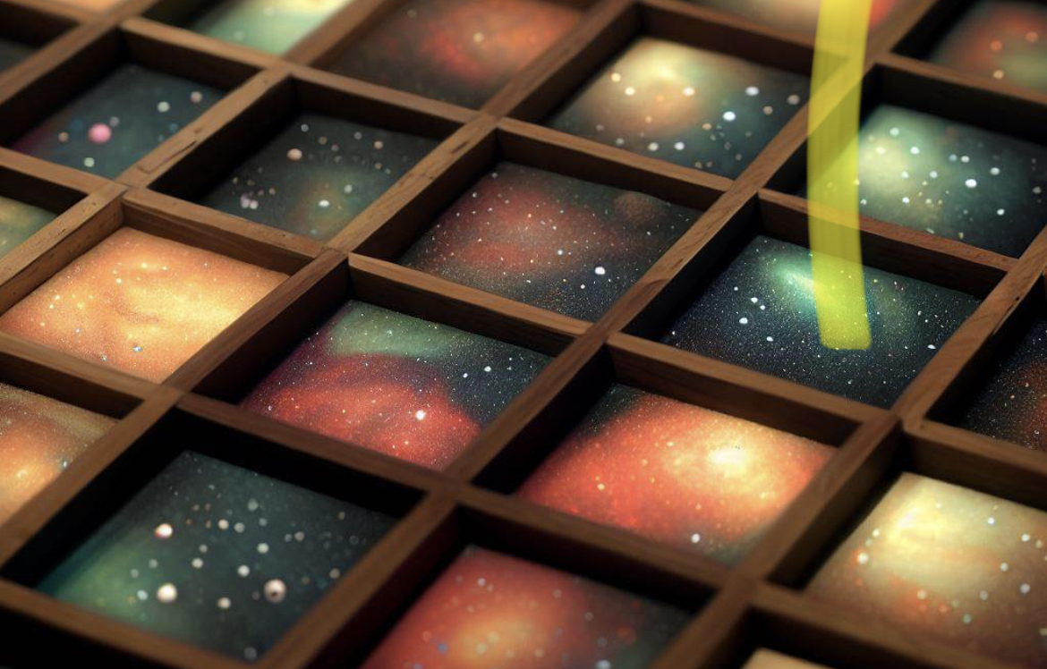 a classifier box full of squares made of wood with a different galaxy on each space - Image .png