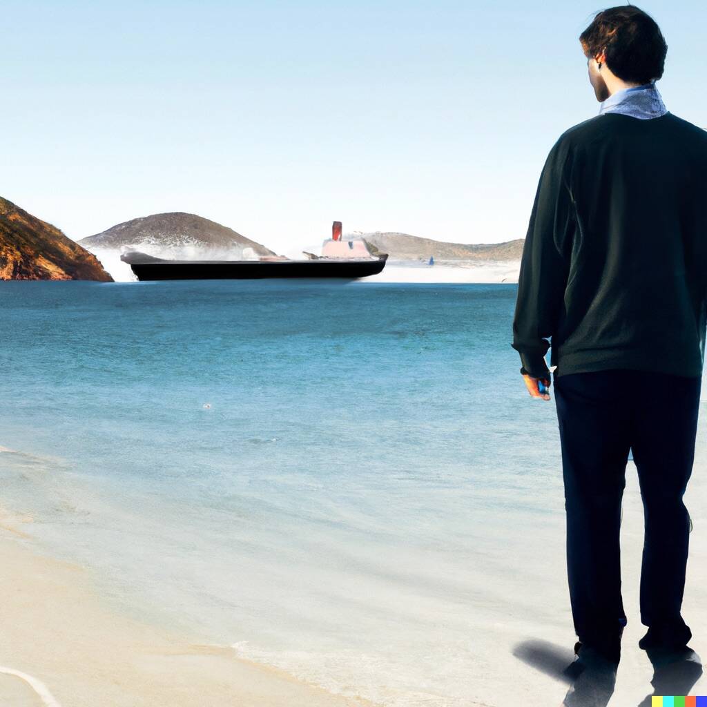 DALL·E 2023-05-12 16.37.07 - A product manager, standing on the beach, missing the boat, .jpeg