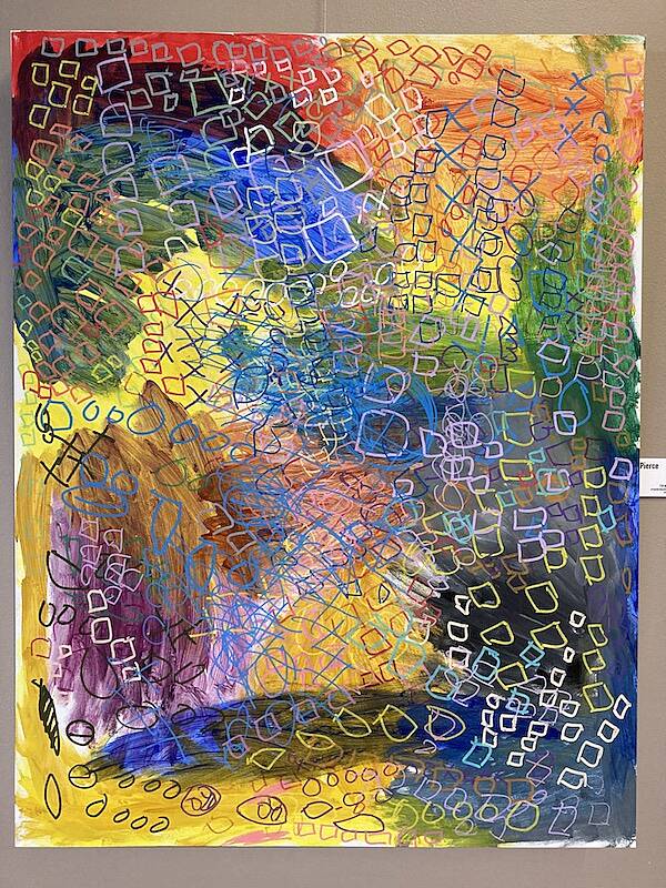 abstract painting with splashes of color and many small squares drawn over it.jpg