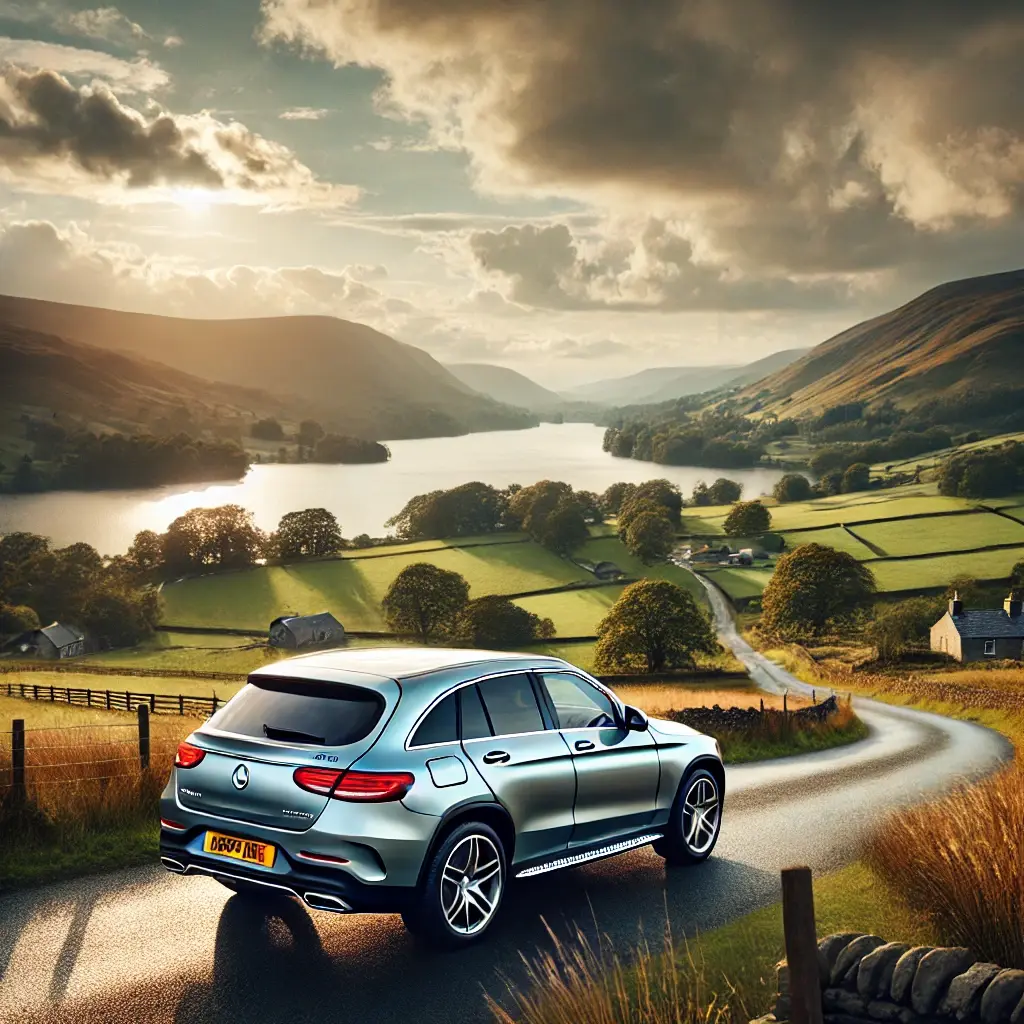 DALL·E 2024-10-13 13.34.44 - A sleek and modern Mercedes GLC 300 driving through the pict.webp