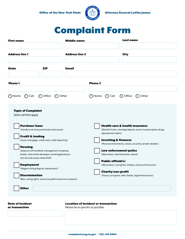 Complaint form to submit to Attorney General's Office